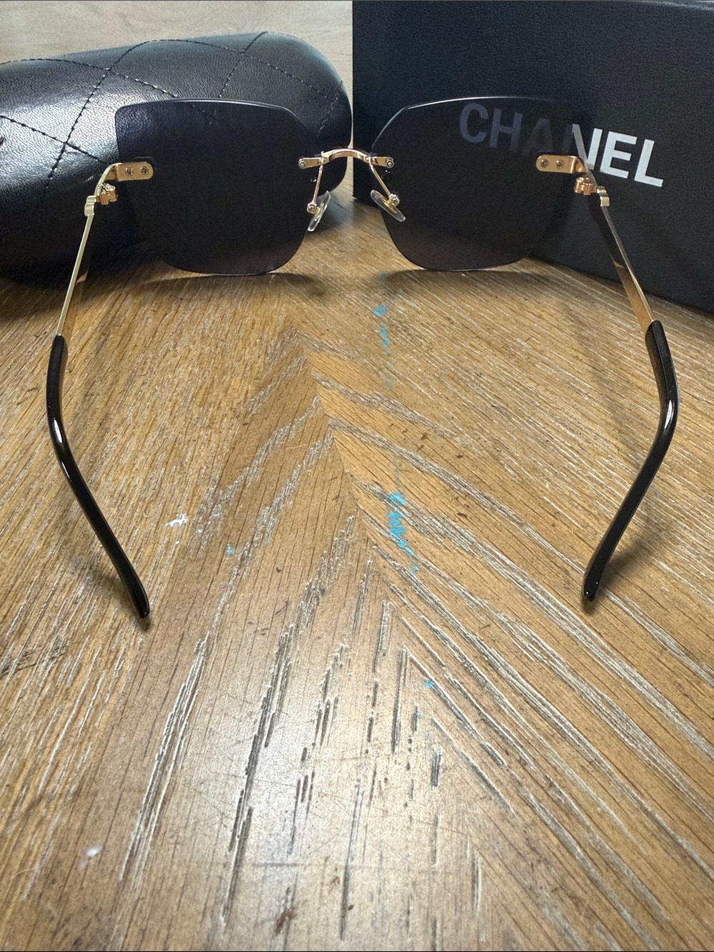 CHANEL Black Rimless Square Sunglasses with Gold CC Accents - Picture 9 of 10